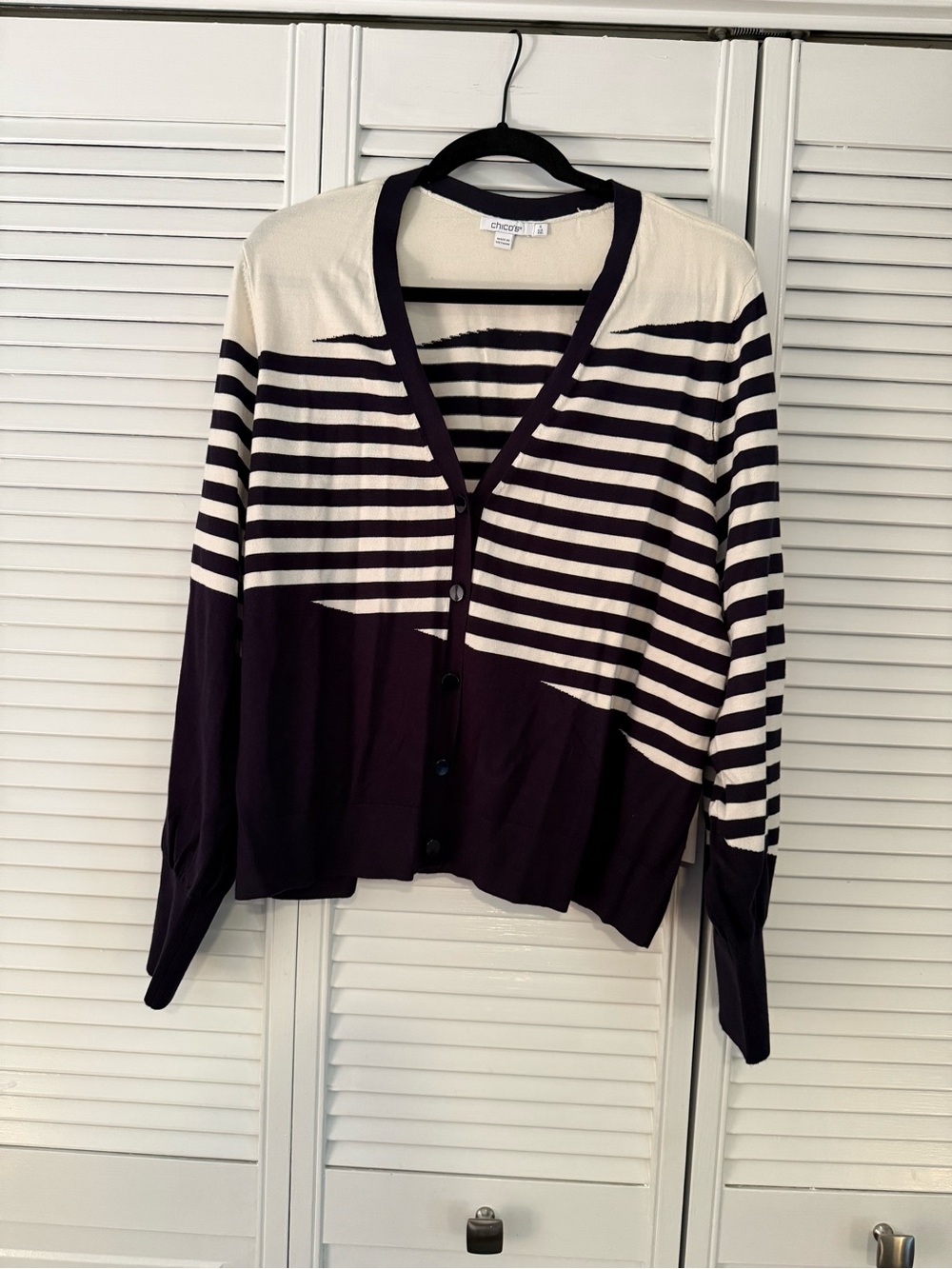 Chico's Cream and Deep Navy Striped V-Neck Button Cardigan